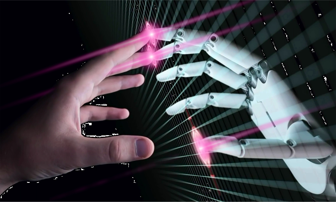 Human hand touching robot hand